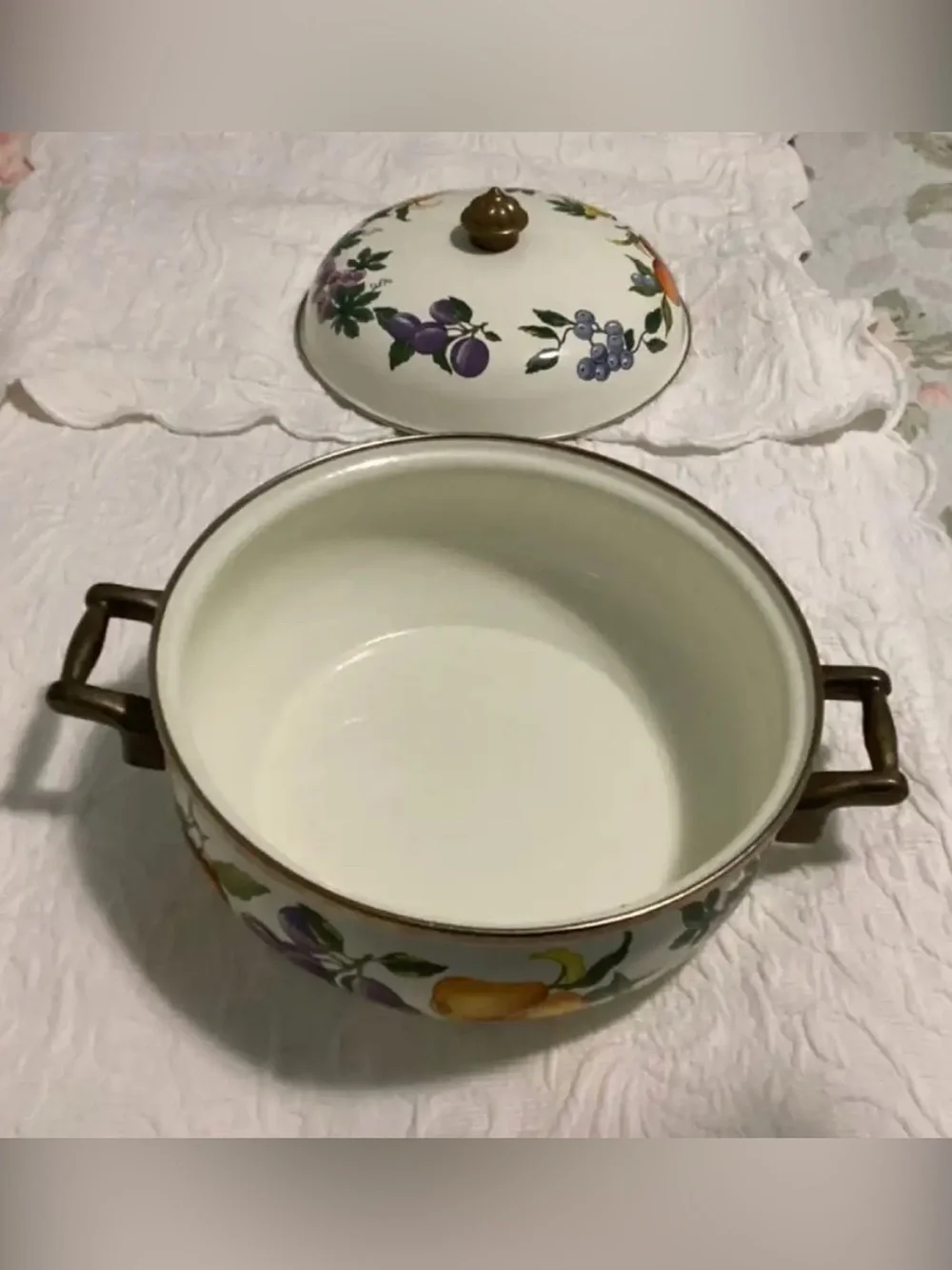 Vintage Essence Tabletops Unlimited Large Handled Enamel Pot with Brass Handles